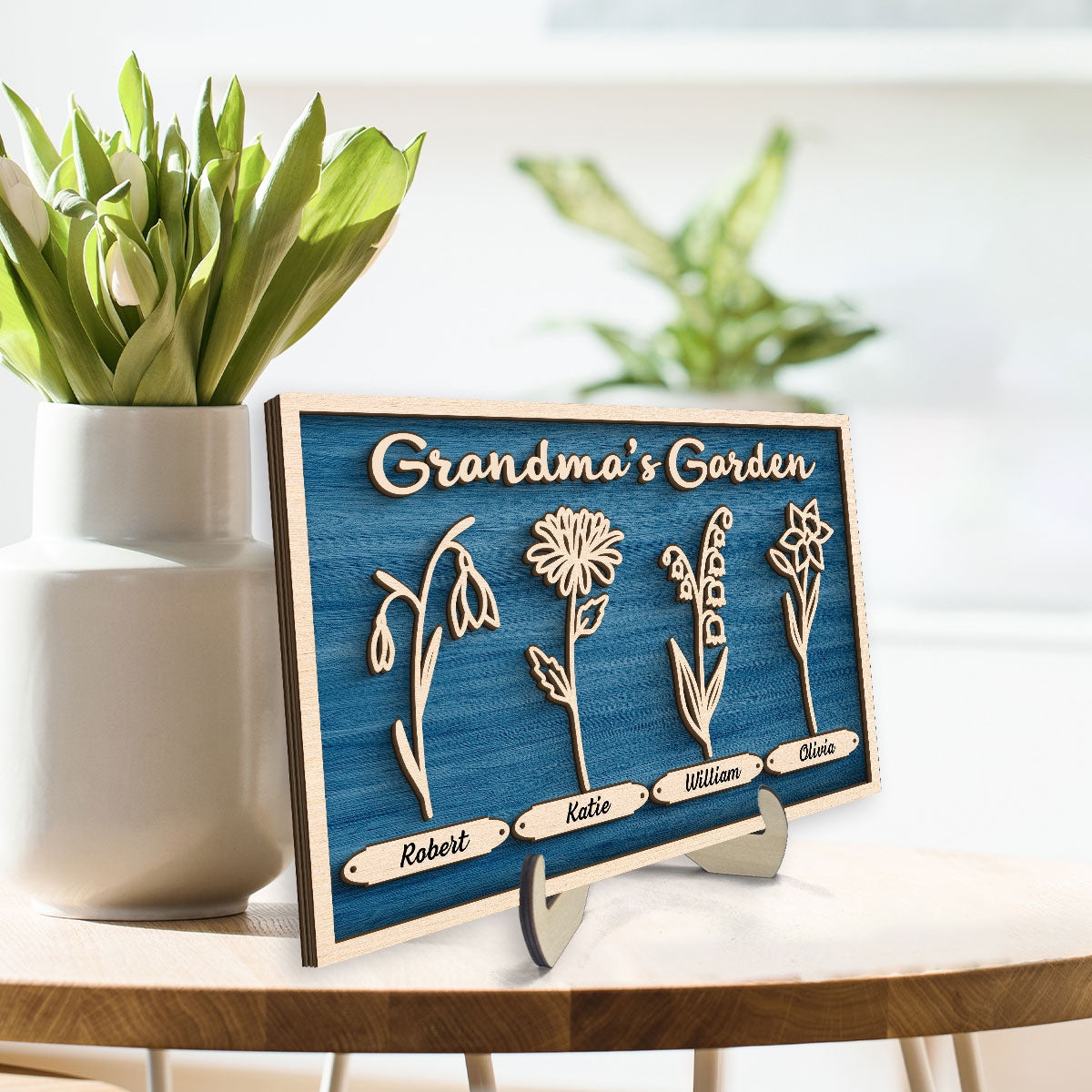 Grandma Mom Garden Outline Birth Month Flowers Personalized 2-layer Wooden Plaque