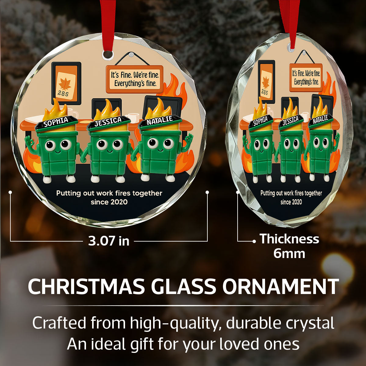 3D Effect Dumpster Fires In Office Scene - Personalized Glass Ornament - Funny Gift For Colleagues, Work Besties