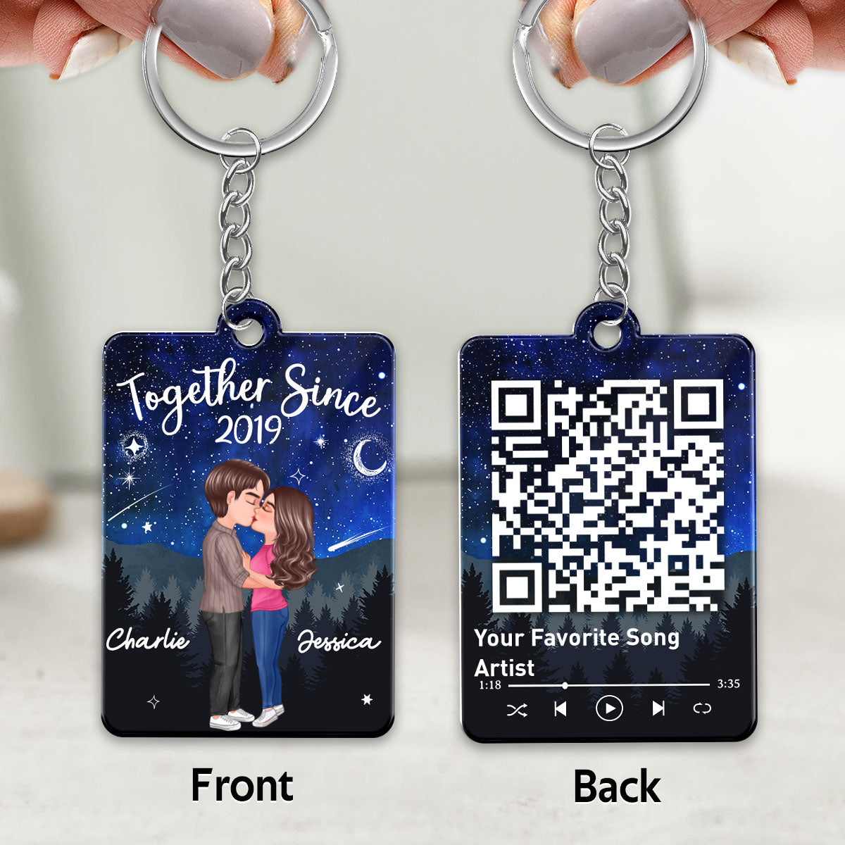 Doll Couple Kissing In Galaxy Night Favorite Song Scannable QR Code Personalized Acrylic Keychain