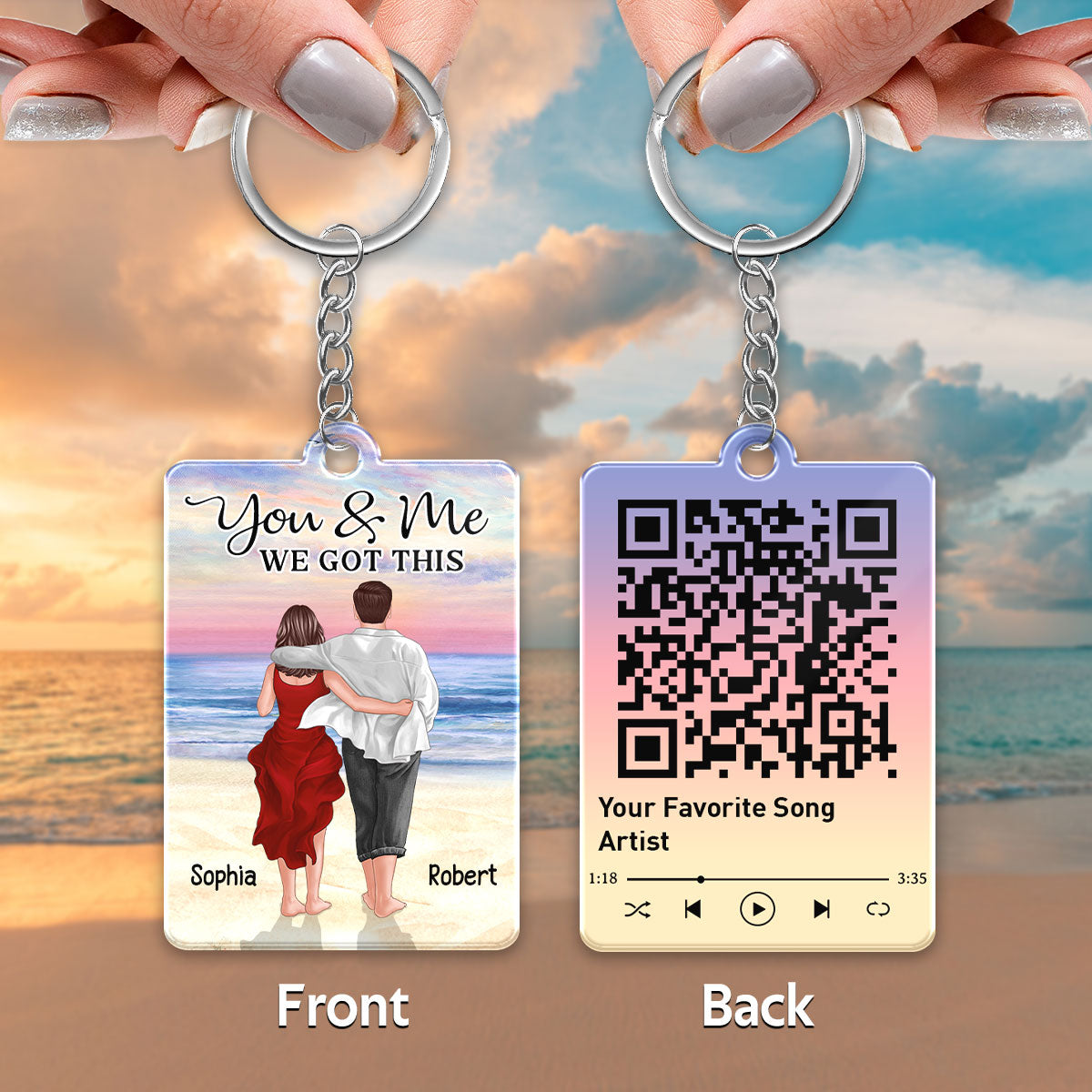 Couple Walking At Beach Back View Favorite Song Scannable QR Code Personalized Acrylic Keychain