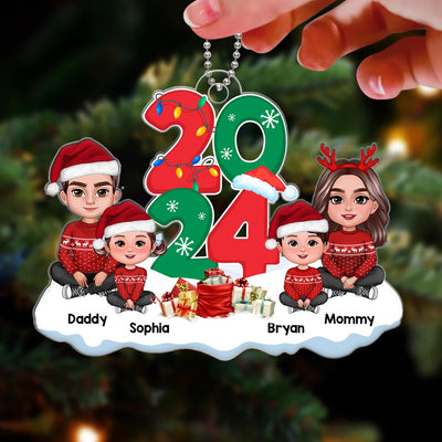Family Dad Mom Kids Dogs Cats Crossed Legs Sitting By 2024 Christmas Gift Personalized Acrylic Ornament