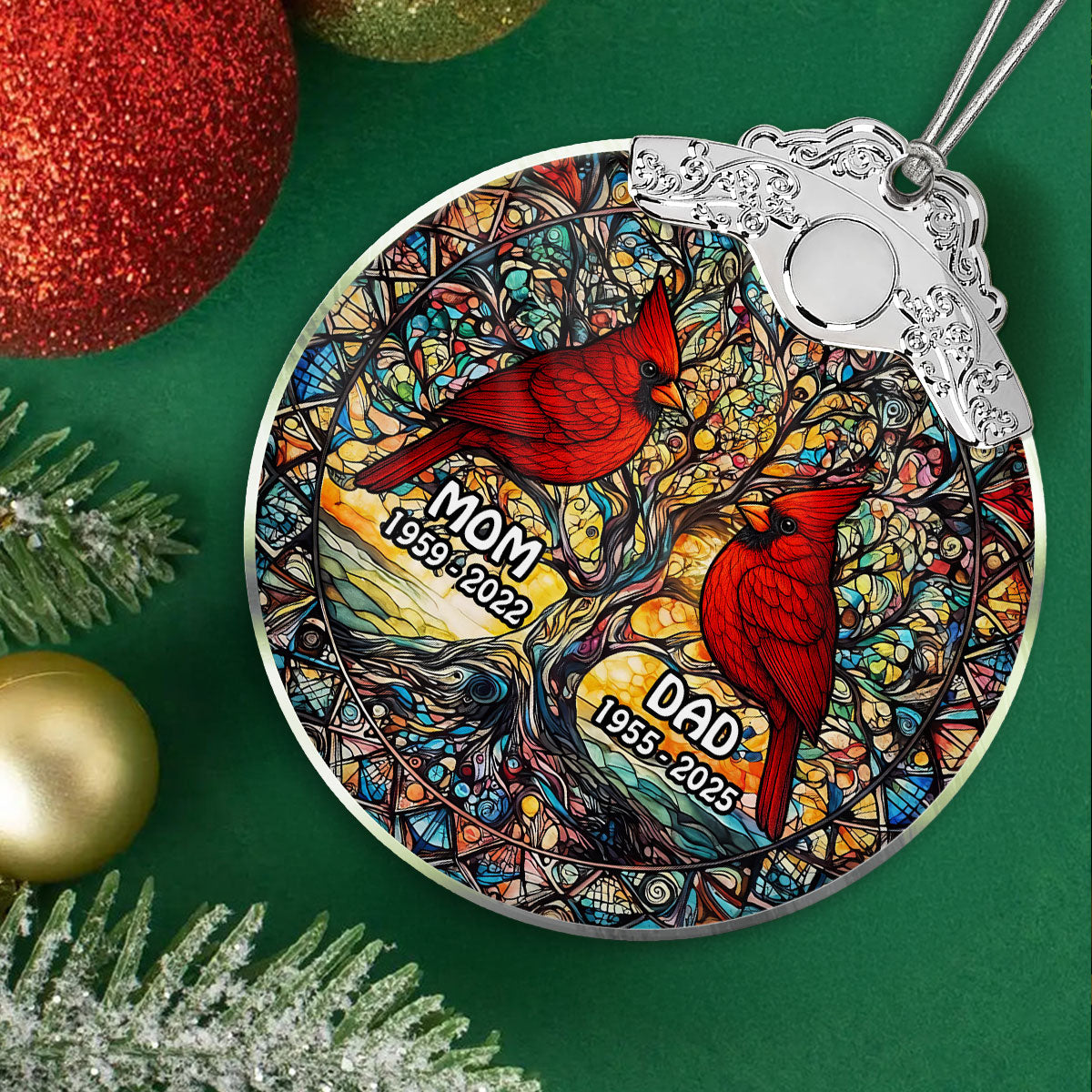 Tree Of Life Cardinal Mom Dad Stained Glass Effect - Personalized Glass Ornament With Silver Cap - Christmas Memorial Keepsake For Family