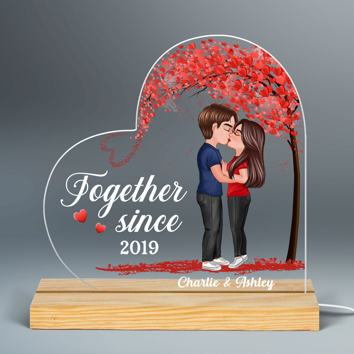 Couple Kissing Under Heart Tree Personalized Custom Shape LED Night Light