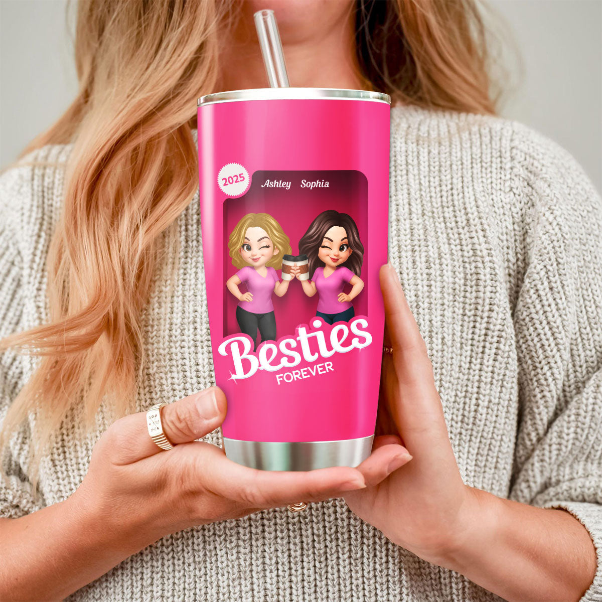 Besties Partner In Crime Pink 3D Effect Action Figure - Personalized Tumbler