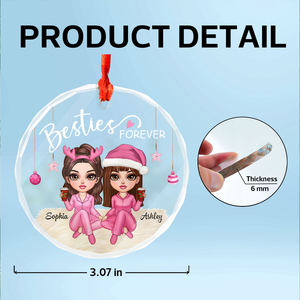Besties Forever Pink Clothes Y2K Best Friends Personalized Glass Ornament, Friendship Christmas Gift