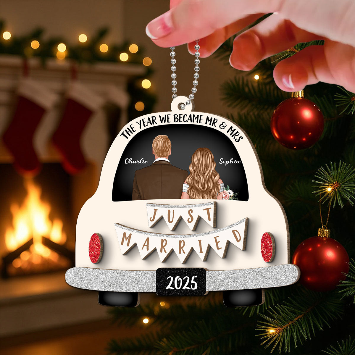 Groom & Bride In Car Personalized 2-Layer Wooden Ornament | Just Married Newlyweds Marriage Keepsake