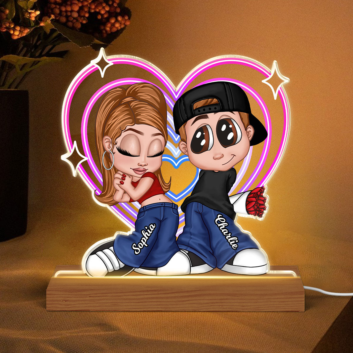 Y2K Couple Retro Heart Personalized Acrylic LED Night Light, Unique Valentine's Day Gift For Him, Gift For Her