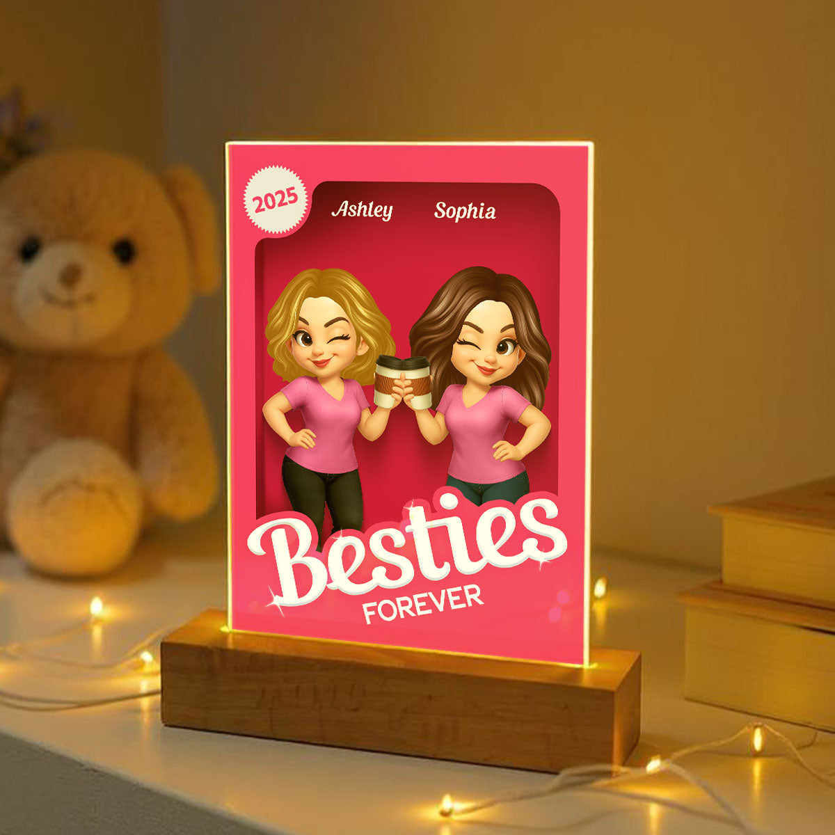 Besties Partner In Crime Pink 3D Effect Action Figure Personalized Acrylic LED Night Light