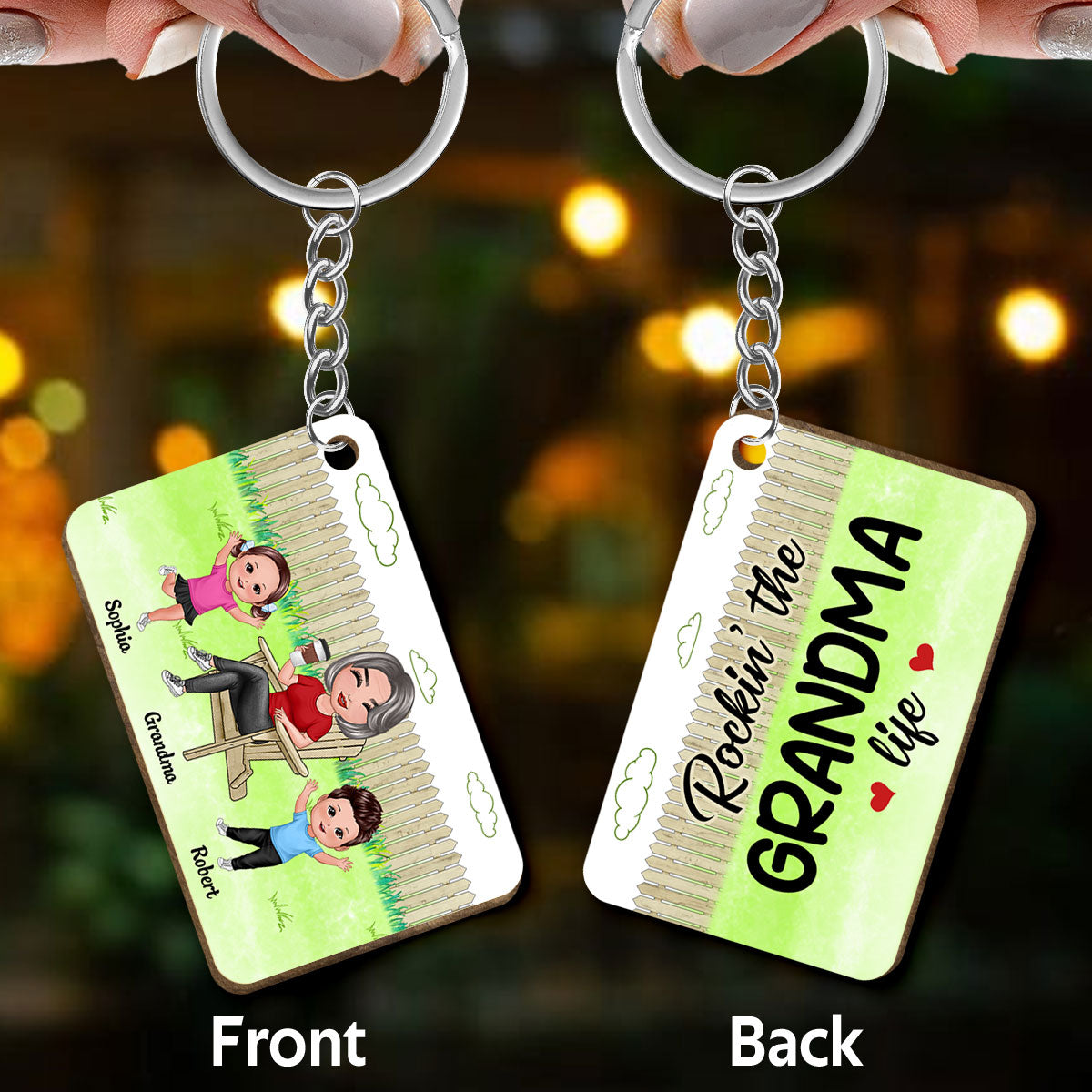 Rockin‘ Grandma Life Garden Backyard Personalized Wooden Keychain
