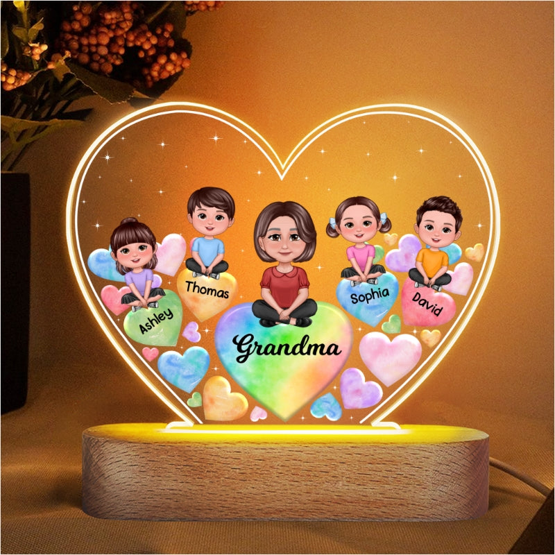 Pretty Doll Grandma Grandkids Hearts In Heart Personalized Heart Acrylic LED Night Light