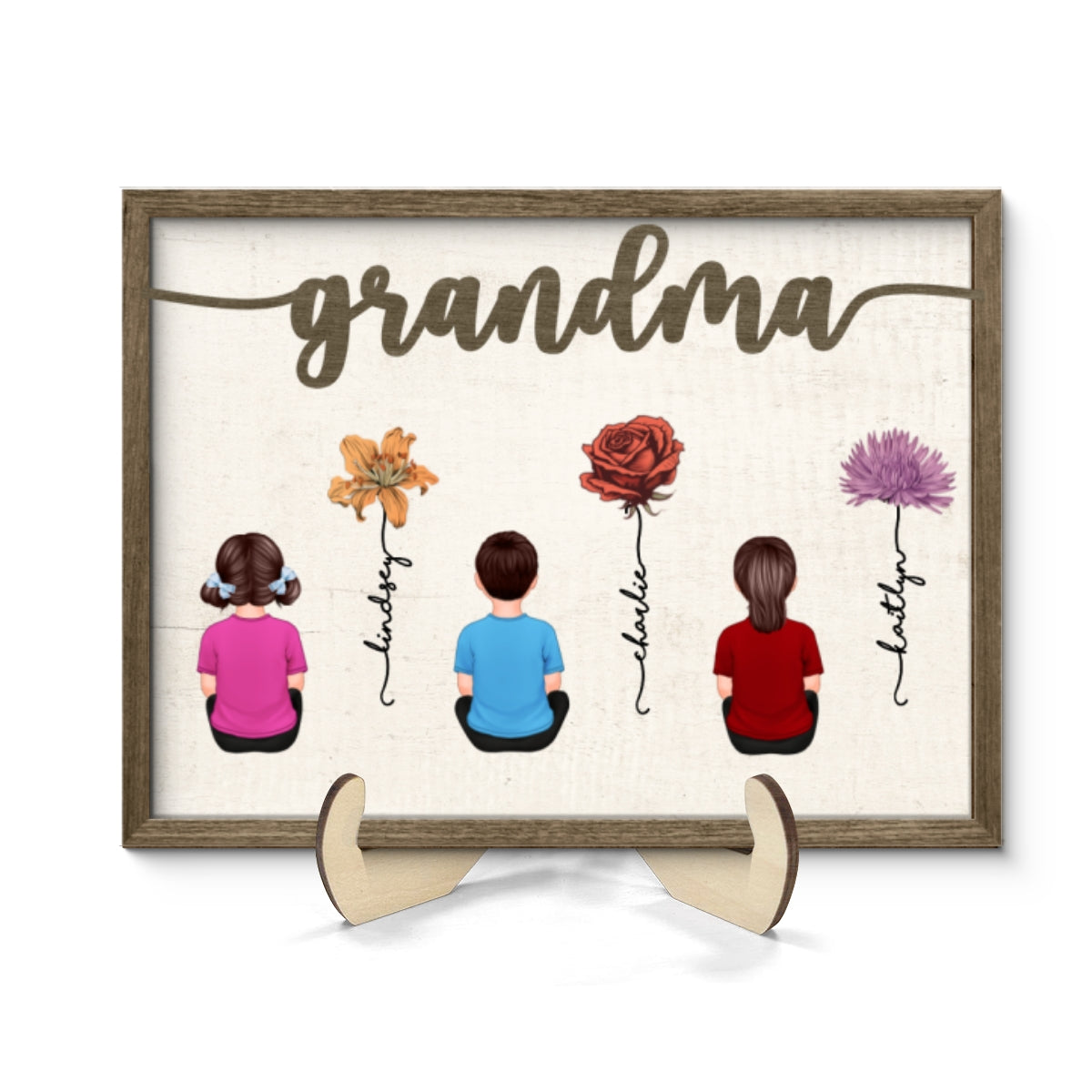 Grandkids Sitting Grandma Garden Vintage Birth Month Flowers Personalized 2-Layer Wooden Plaque