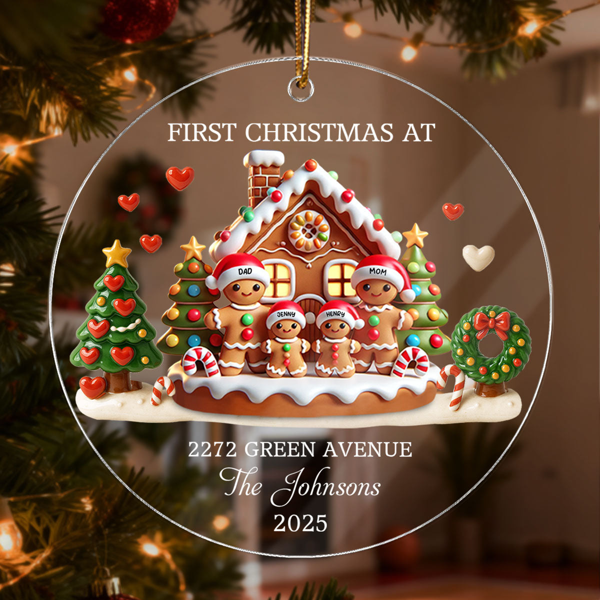 First Christmas New Home 3D Effect Gingerbread Family House - Personalized Acrylic Ornament