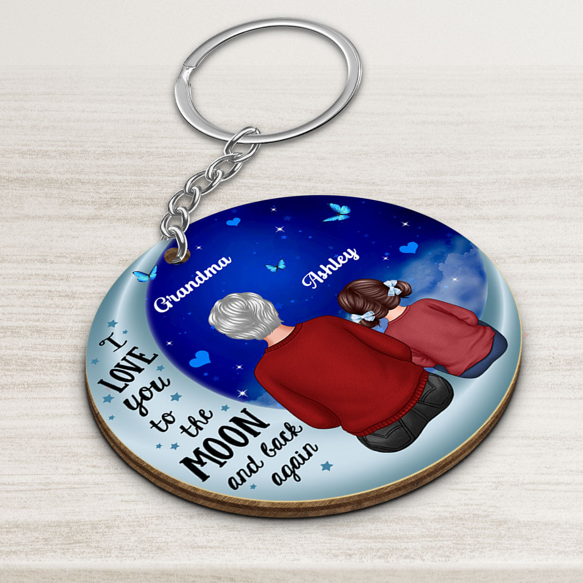 Grandma Grandkid On Blue Moon Gift For Grandma Granddaughter Grandson Personalized Wooden Keychain