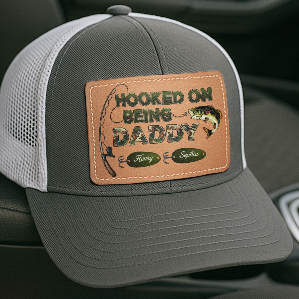 Hooked On Being Grandpa Papa Fishing Camouflage Personalized Leather Patch Hat, Father's Day gift