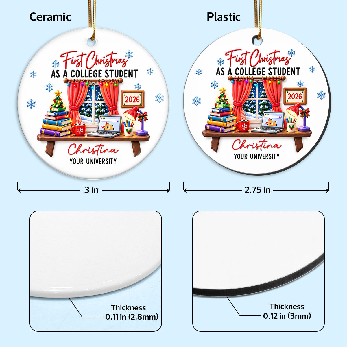 College Student With Desk Design - Personalized Ceramic Ornament - Christmas Gift For New Student, Boy, Girl