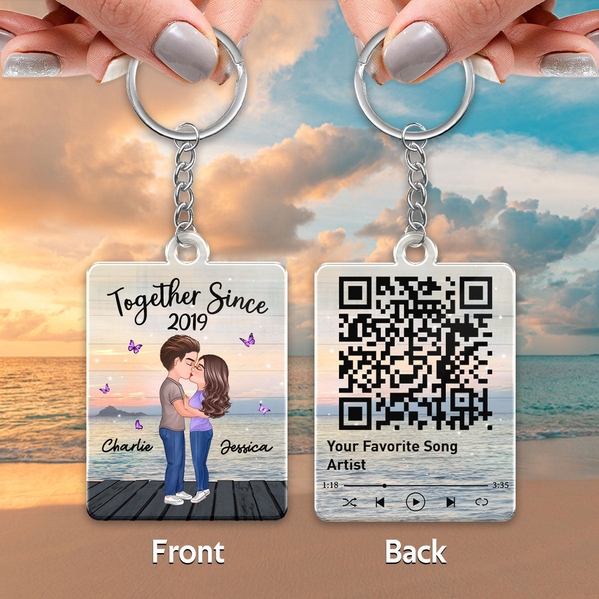 Sunset Lake View Doll Couple Kissing Favorite Song Scannable QR Code Personalized Acrylic Keychain