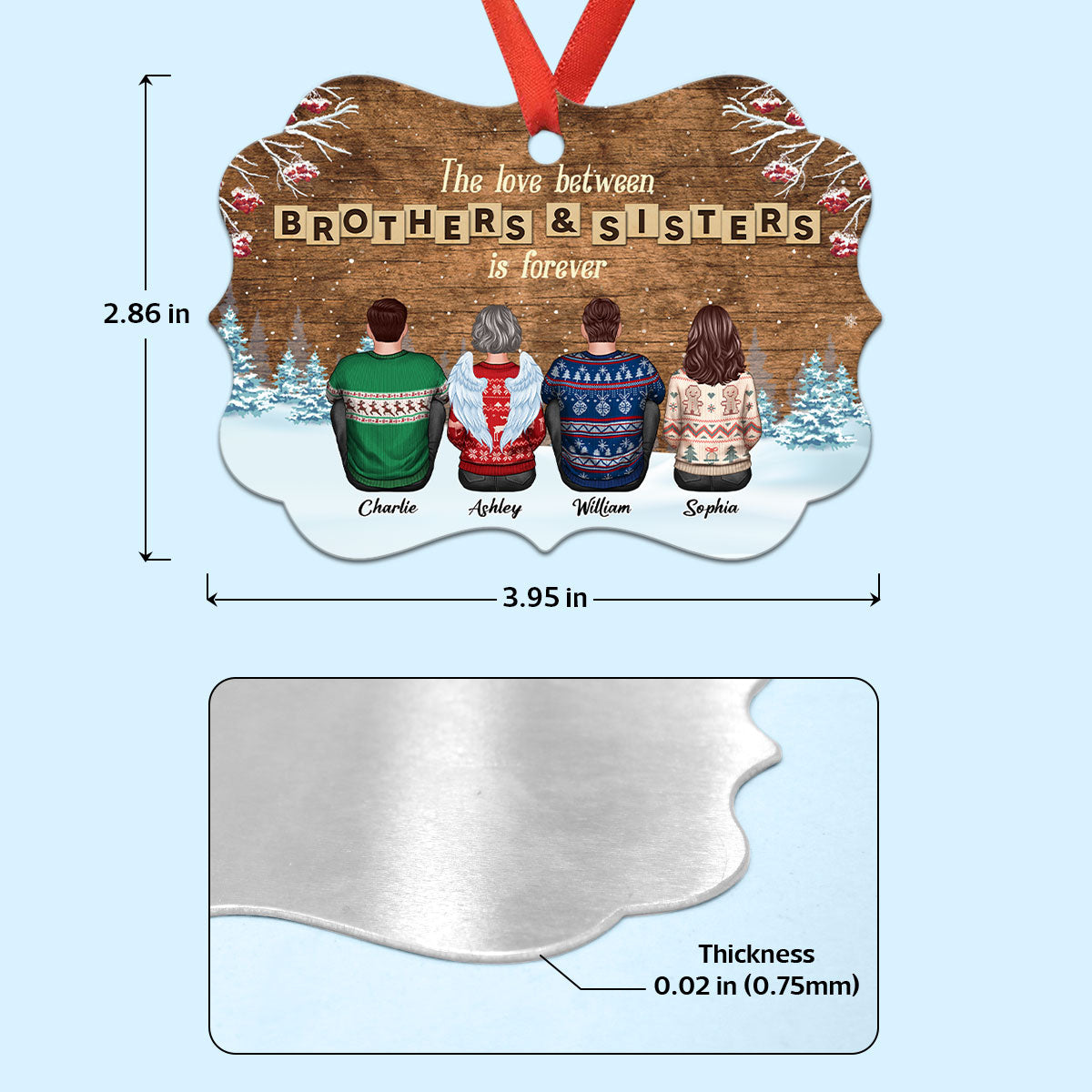 Christmas Love Between Brothers & Sisters Personalized Aluminum Ornament