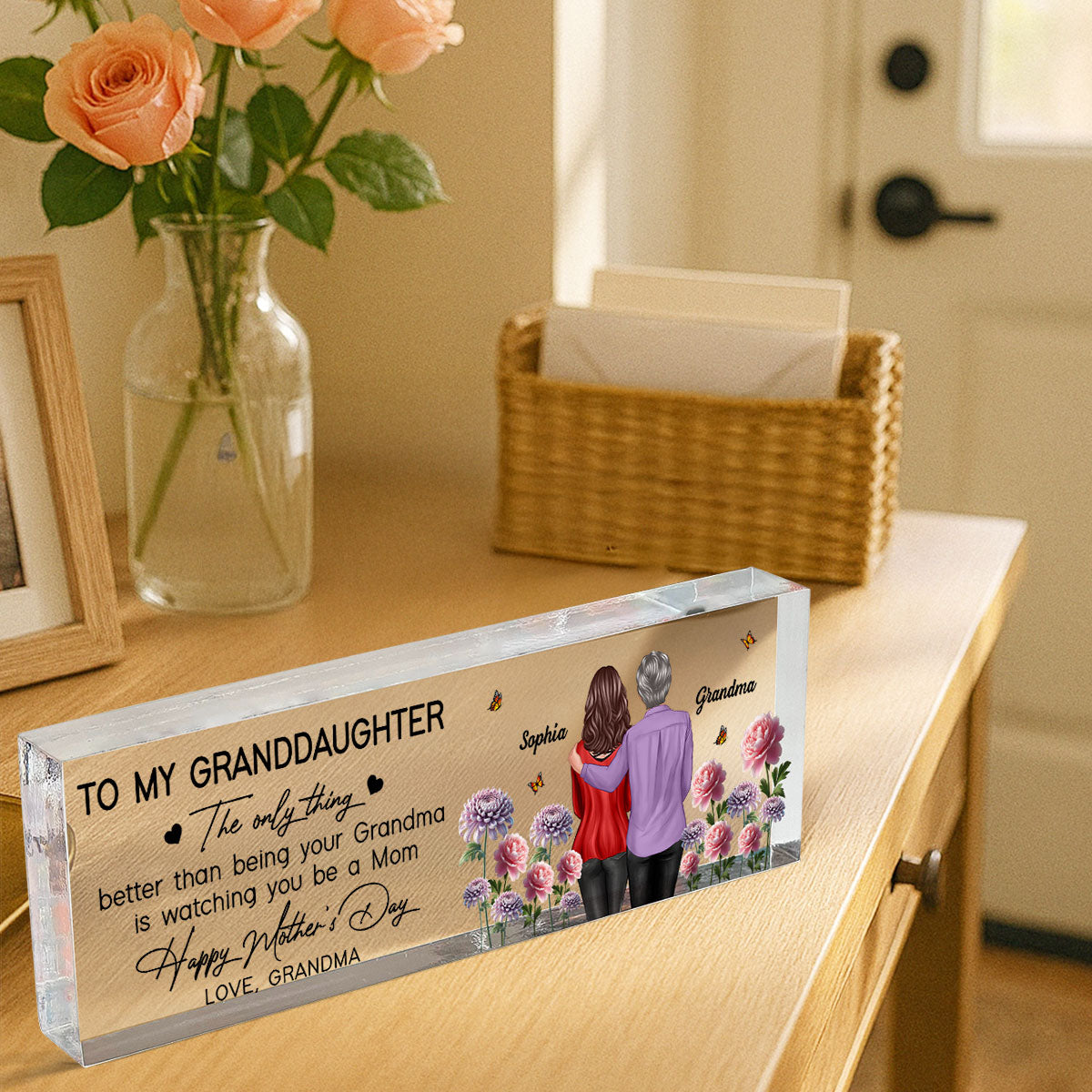 To My Granddaughter From Grandma Happy Mother's Day Birth Flower Personalized Desk Block, Gift For Granddaughter
