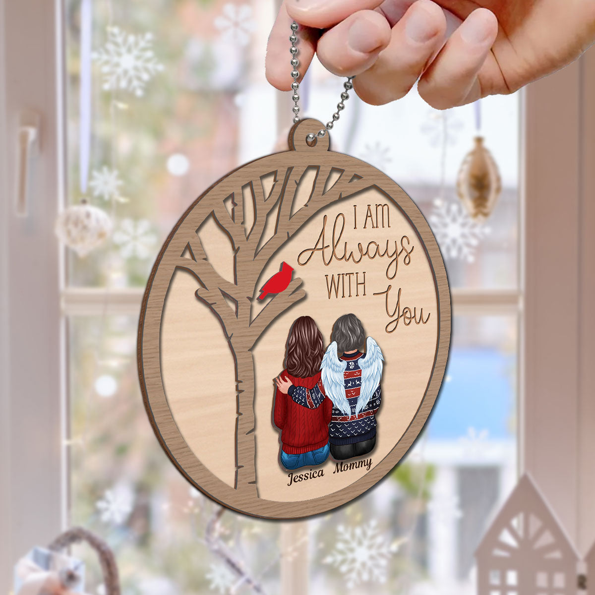 Always With You Cardinal Family Memorial Christmas Personalized 2-Layer Wooden Ornament