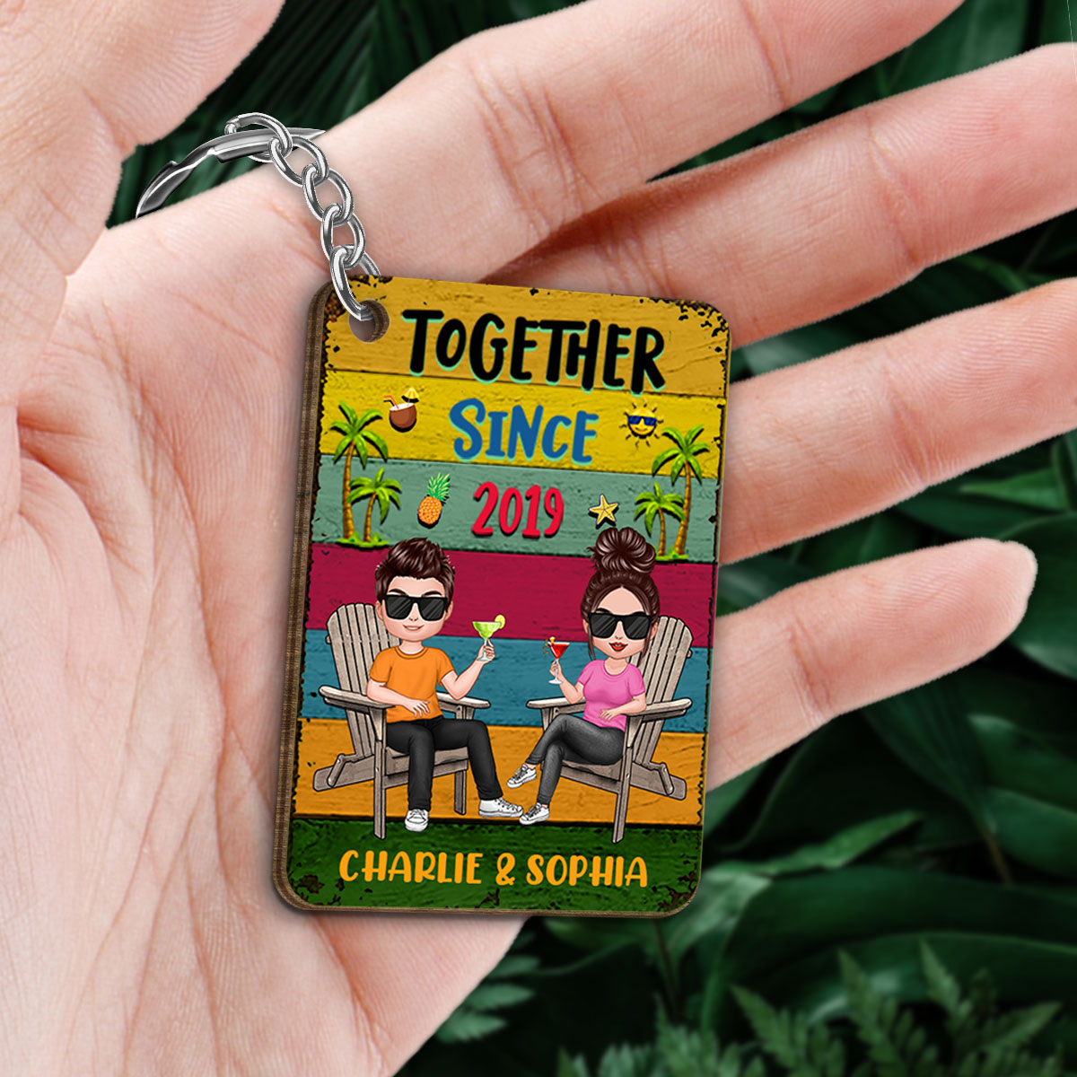 Colorful Plank Summer Couple Personalized Wooden Keychain