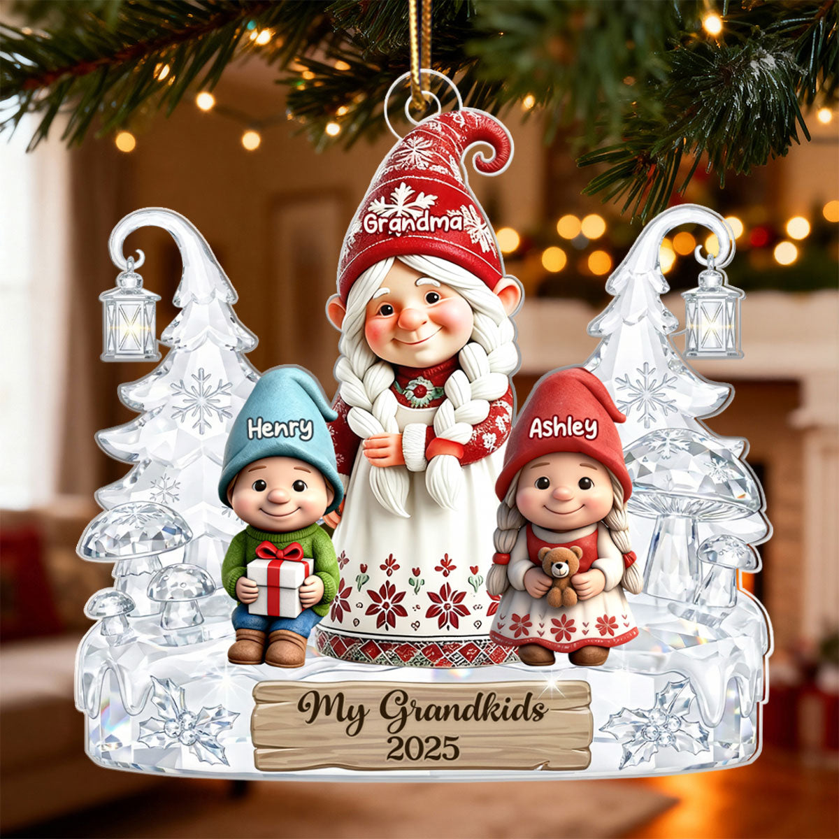 Gnome Grandma And Grandkids Pattern Crystal - Personalized Acrylic Ornament - Heartwarming Christmas Gift For Grandma, Family