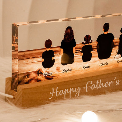 Family Sitting Retro Vintage Beach Landscape - Personalized Acrylic Block Plaque LED Night Light - Gift For Dad, Gift For Husband, Gift For Grandpa