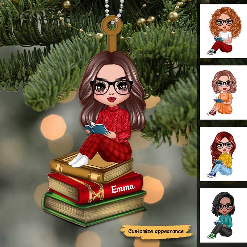 Reading Girls Sitting On Books Personalized Wooden Ornament