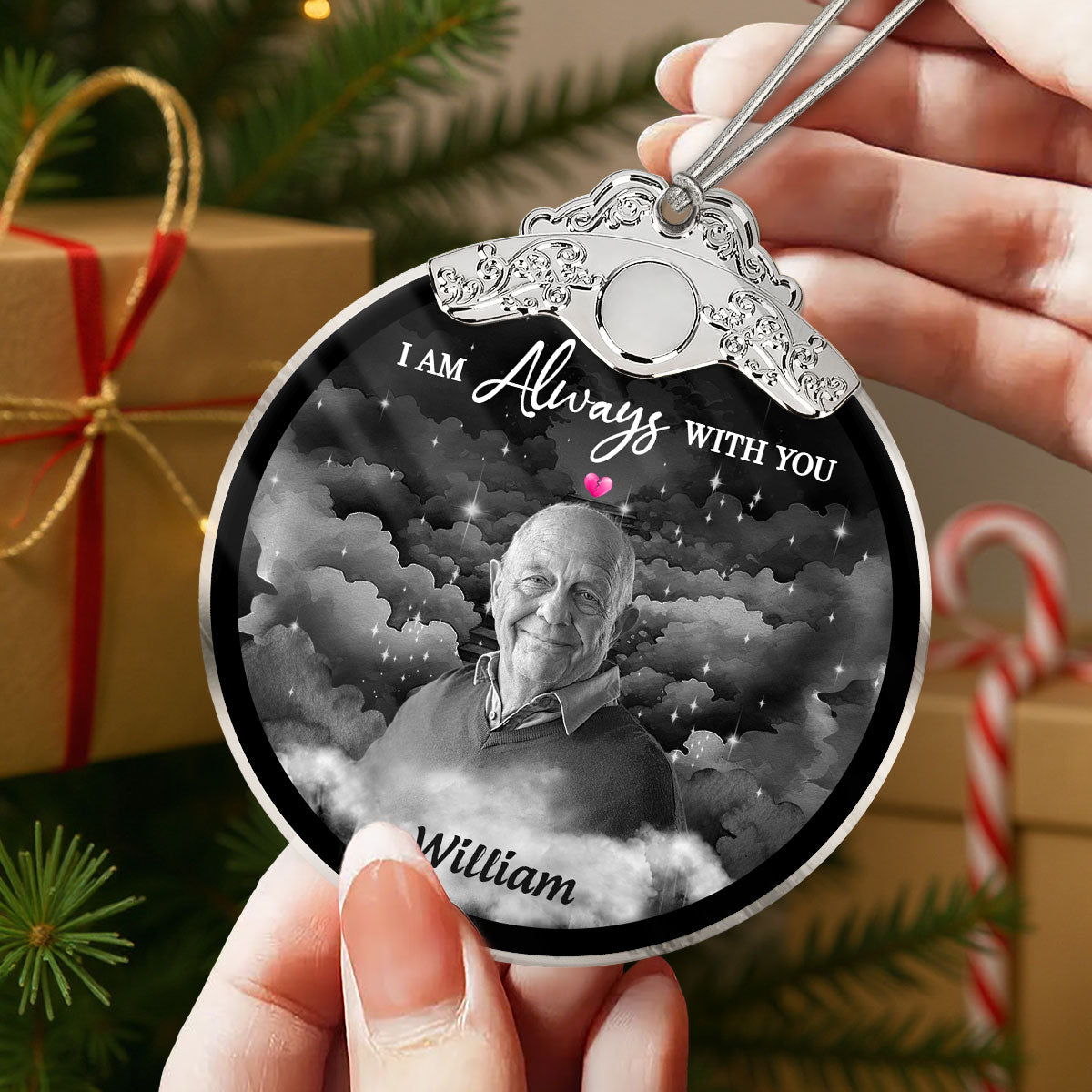 I Am Always With You Memorial Photo Christmas Family Remembrance - Personalized Glass Ornament With Silver Cap