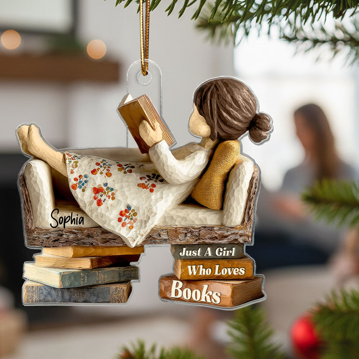 Man Woman Reading Book On Sofa 3D Effect - Personalized Acrylic Ornament - Christmas Gift For Book Lover, Bookworm