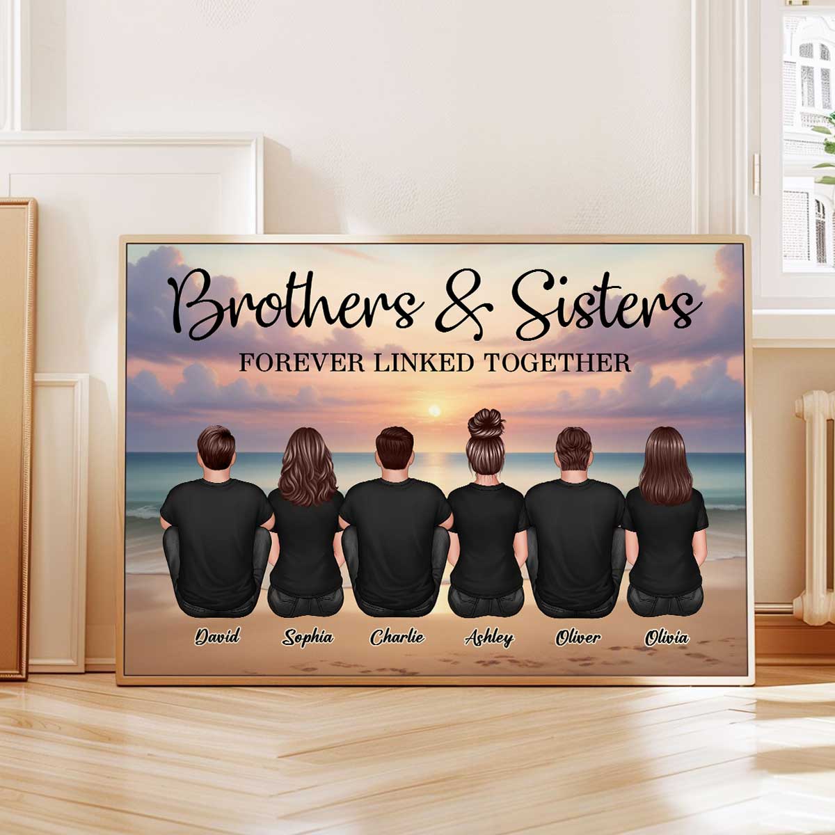 Realistic Beach Landscape Brothers & Sisters Forever Linked Together Personalized Poster| Gift For Siblings, Birthday Gift or Just Because