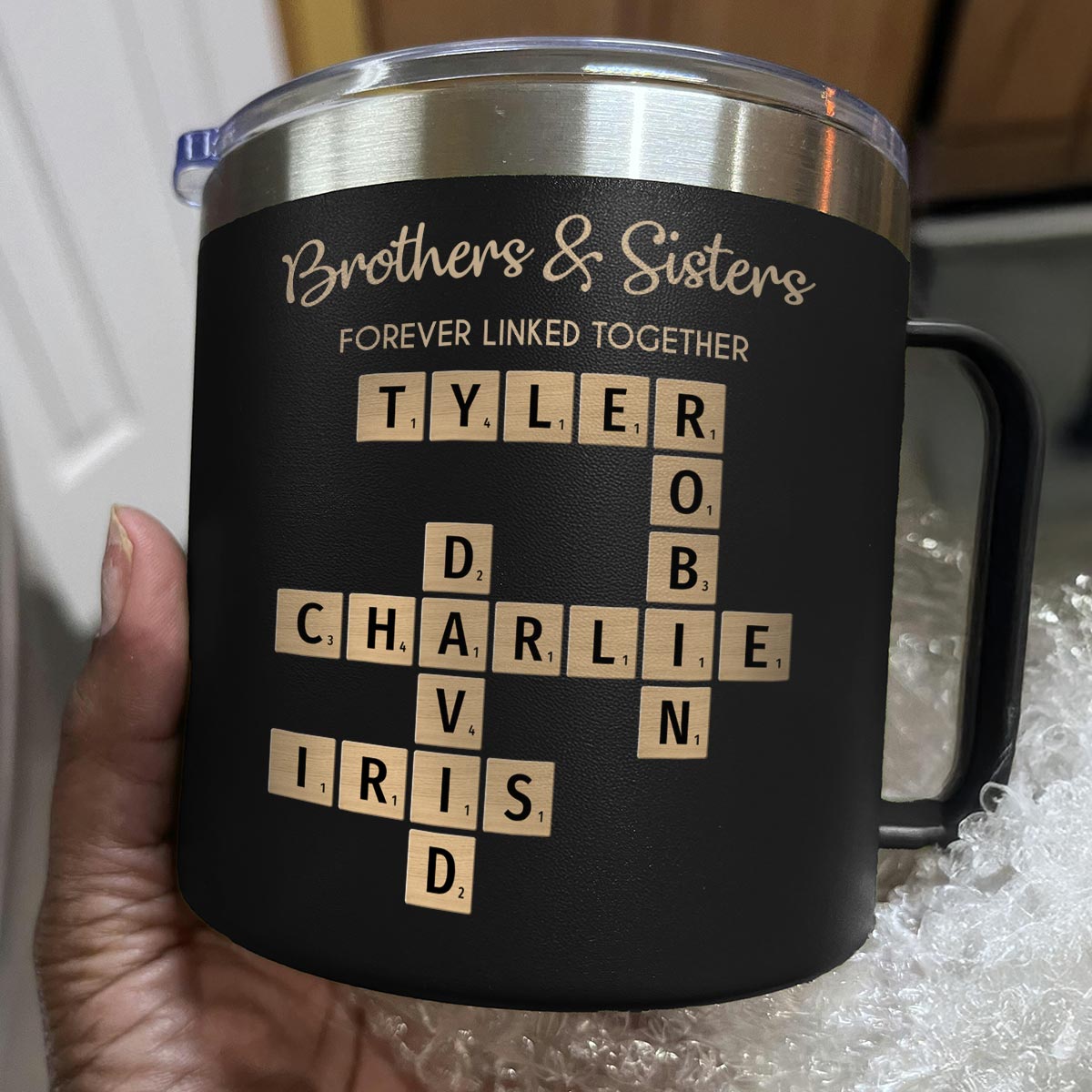 Brothers & Sisters Forever Linked Together Crossword Puzzle Art Personalized Stainless Steel Tumbler With Handle