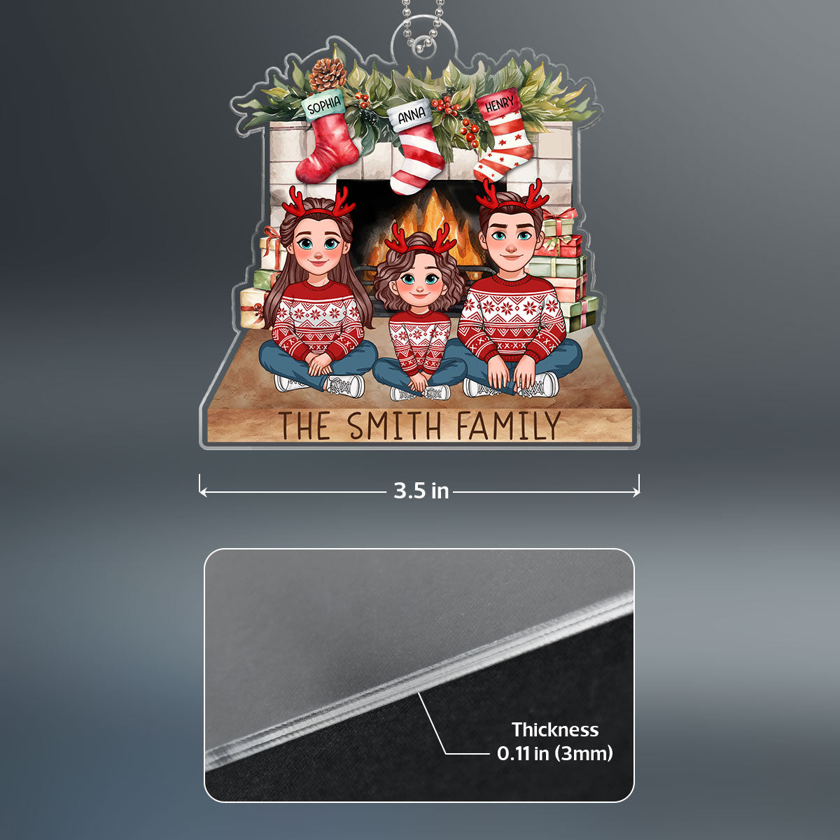 Animated Family Sitting At Christmas Fireplace Personalized Acrylic Ornament