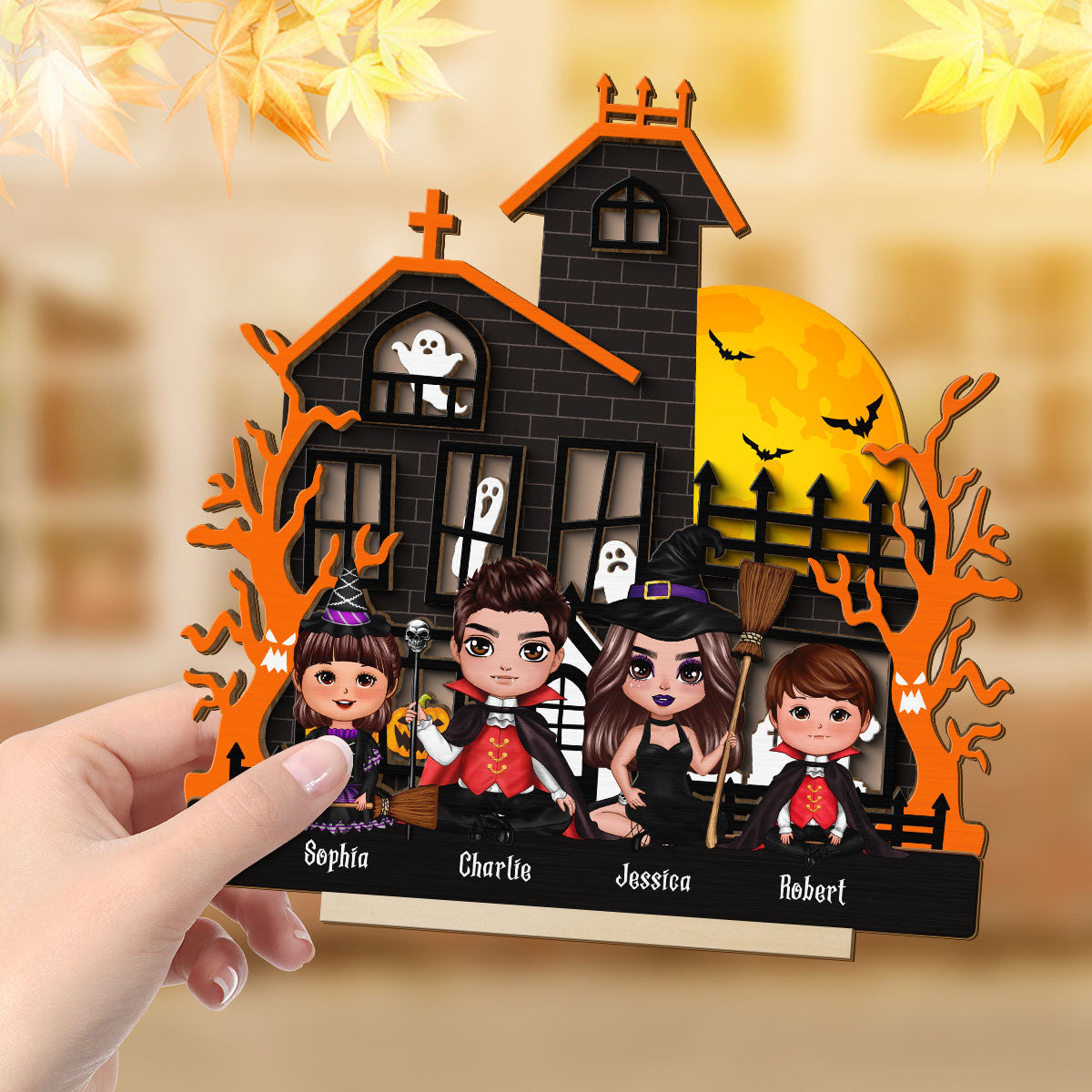 Halloween Family Sitting Haunted House Personalized 2-Layer Standing Wooden Plaque
