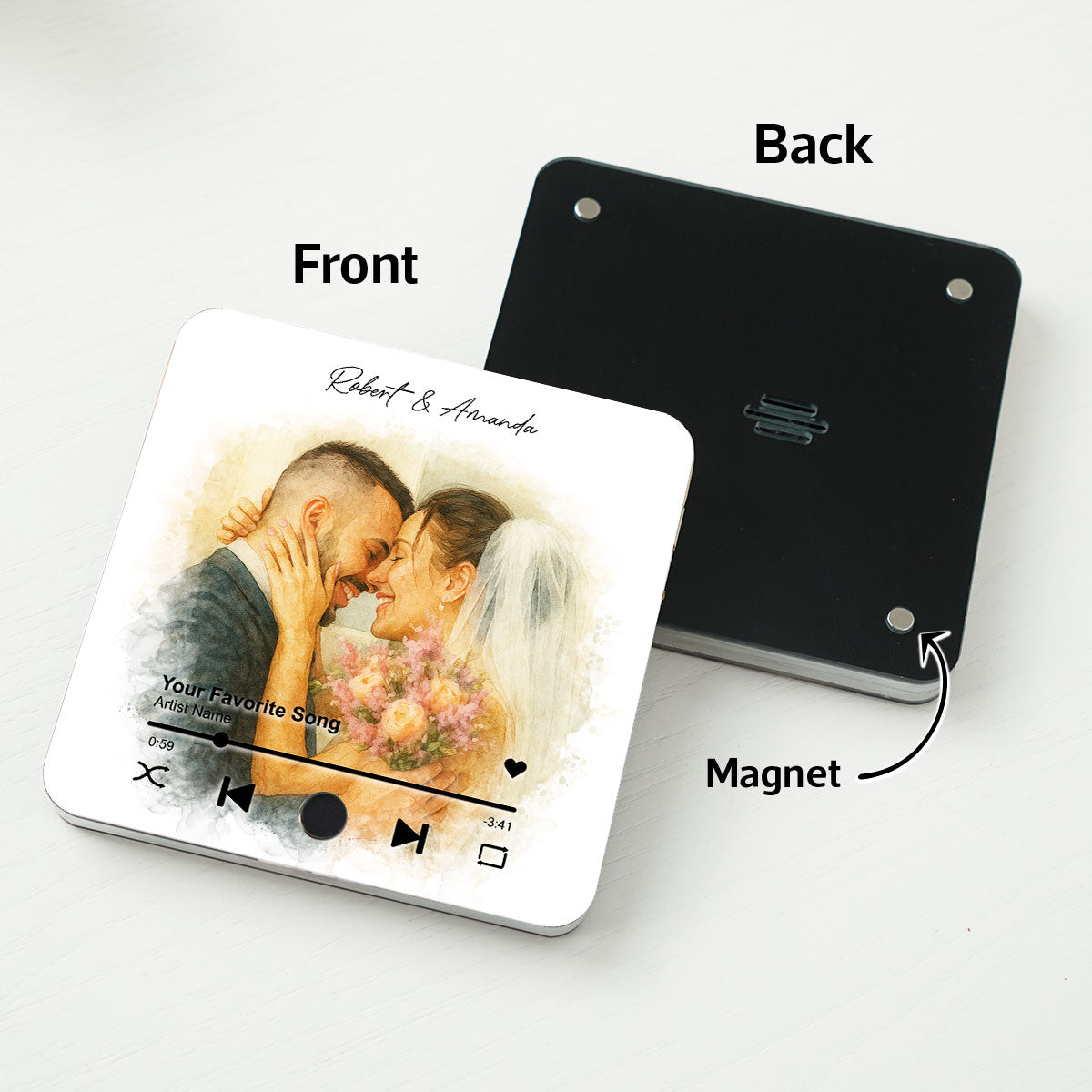 Custom Couple Watercolor Portrait from Photo Personalized Music Fridge Magnet, Gift for him, Gift for her