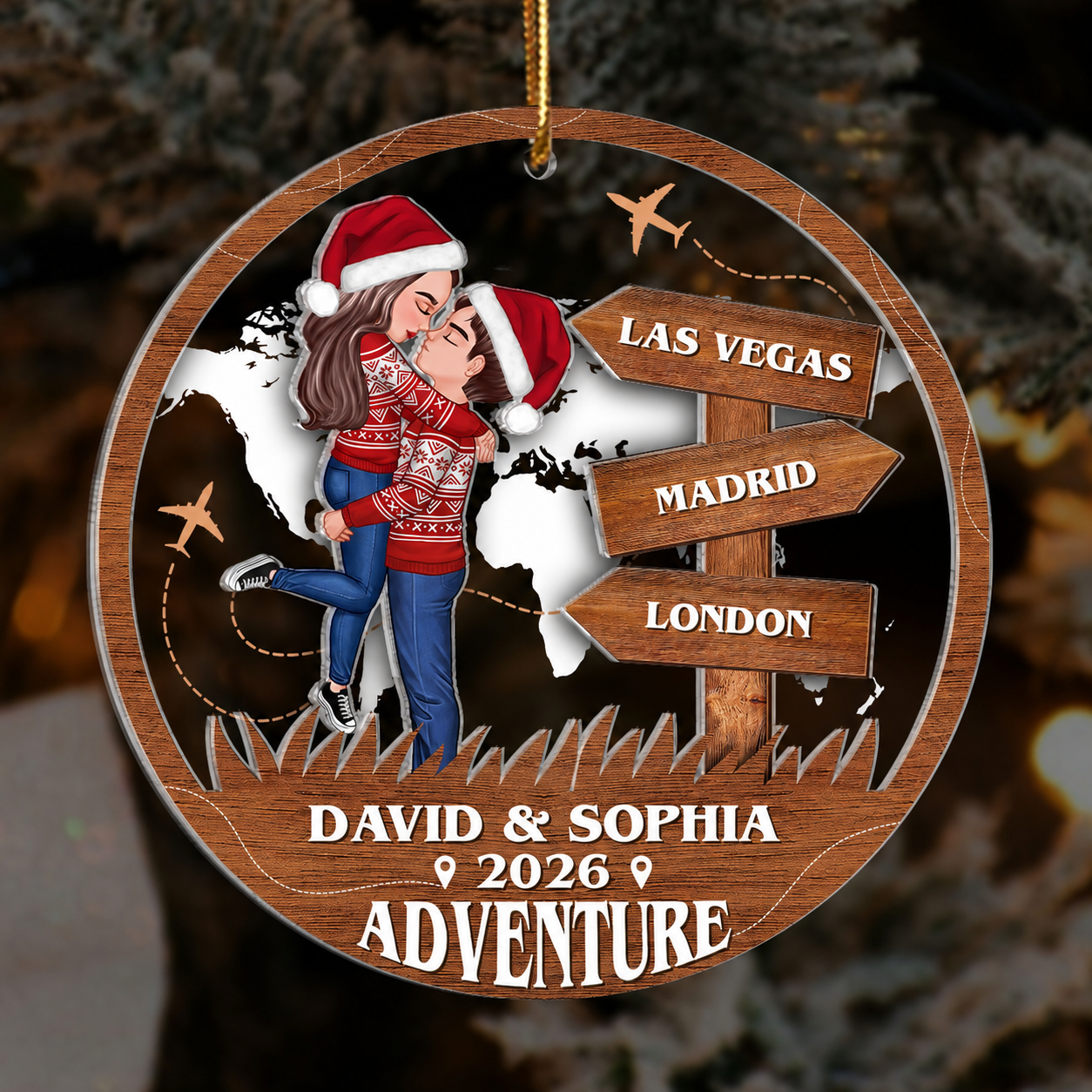 Adventure Kissing Couple Personalized 2-Layer Acrylic Ornament, Christmas Gift For Couple, Gift For Travelers