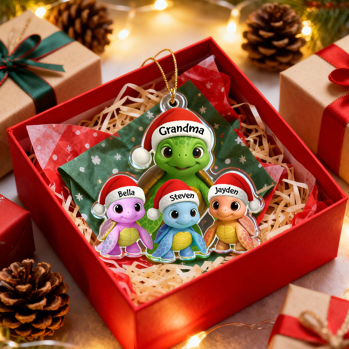 3D Effect Cute Christmas Sea Turtles Grandma And Grandkids - Personalized Acrylic Ornament
