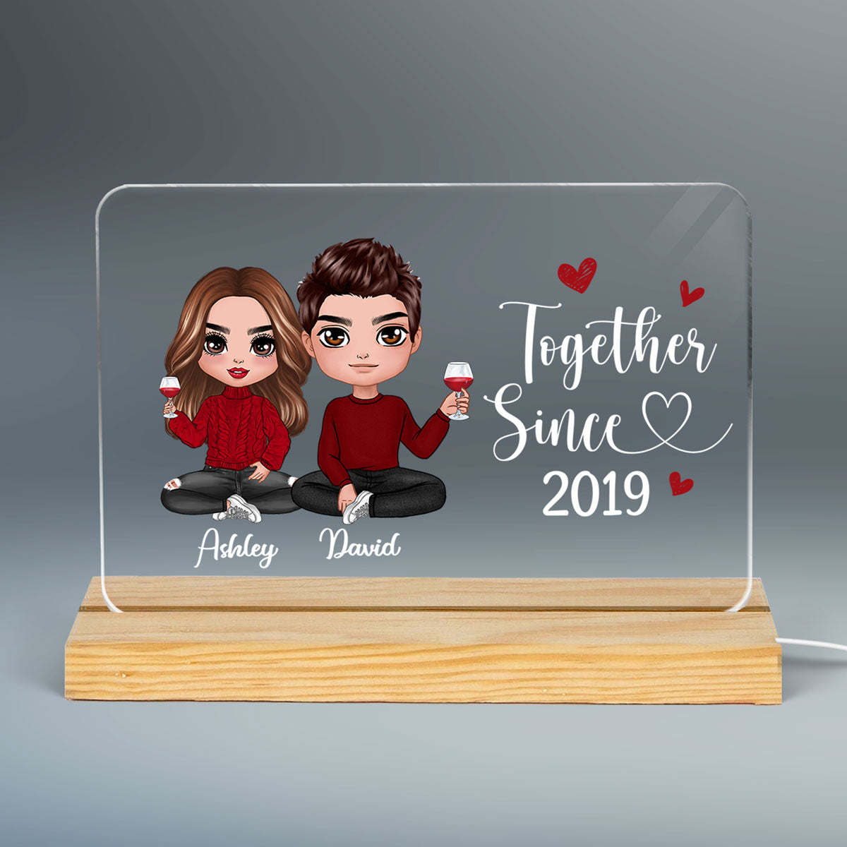 Doll Couple Sitting Gift For Him Gift For Her Personalized Custom Shape Acrylic Plaque LED Night Light