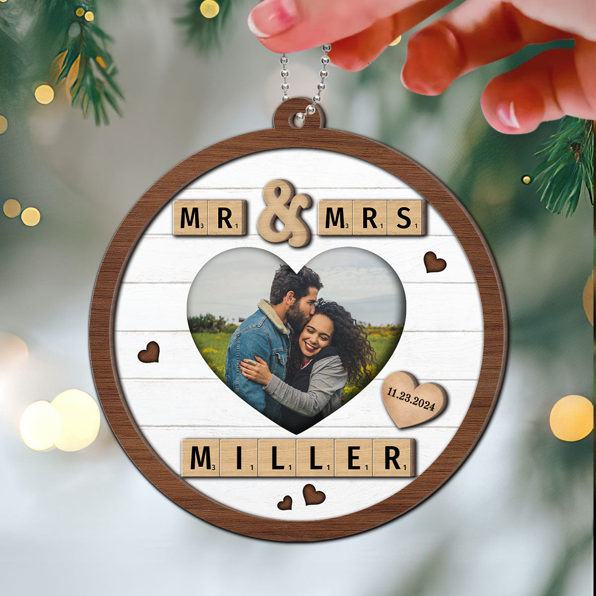 Mr & Mrs First Christmas Engaged Married Word Art Personalized 2-Layer Wooden Ornament