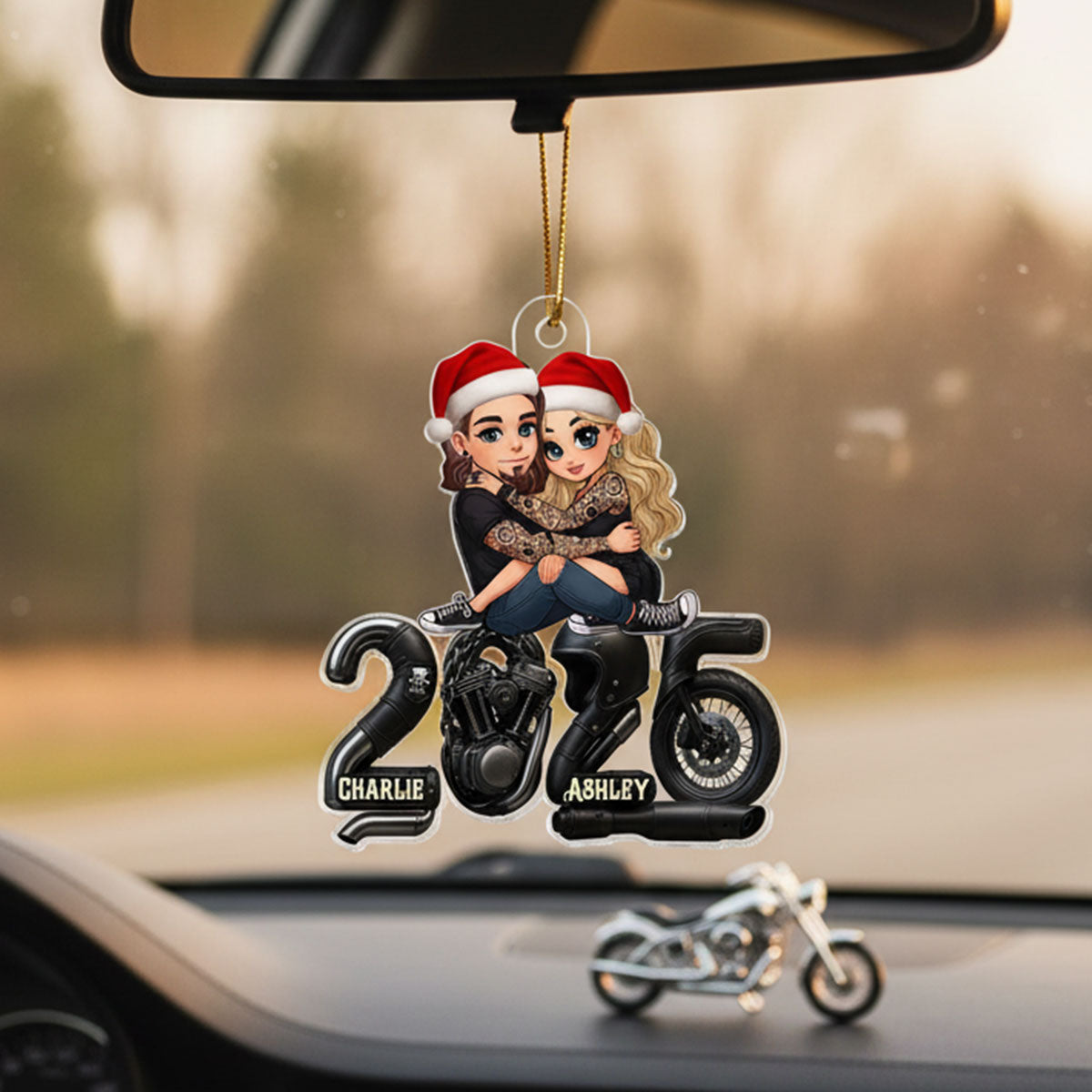 3D Effect Biker Couple- Personalized Acrylic Car Hanger- Gift For Bikers, Gift For Him, For Her