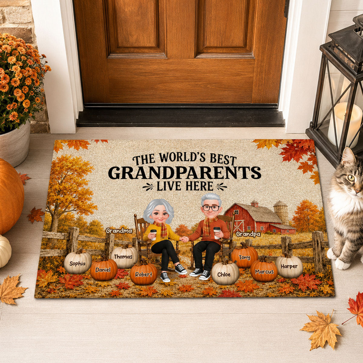 Trending Fall Season Cozy Warm Farmhouse Style - Personalized Doormat - Fall Decor For Grandparents