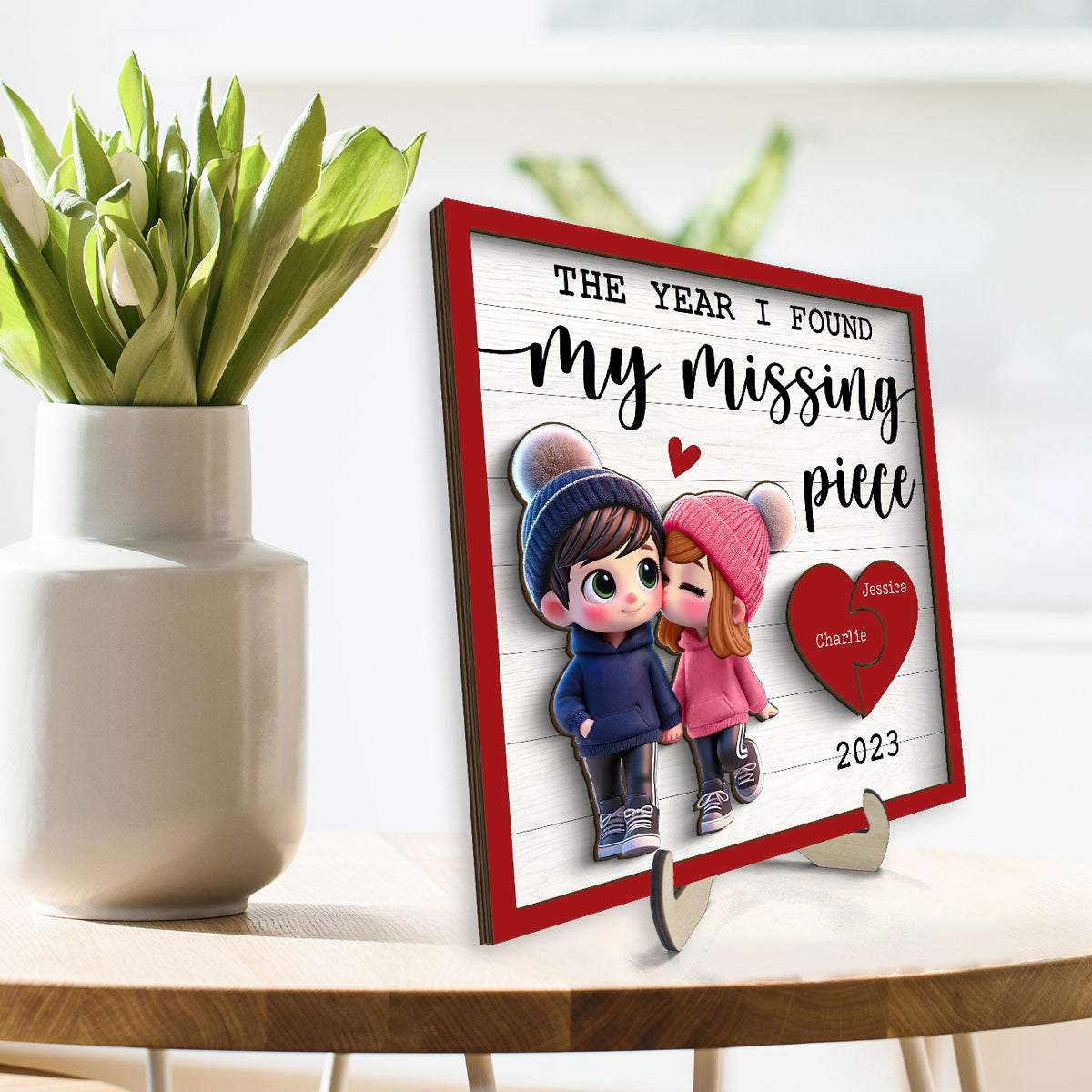 The Year I Found My Missing Piece Cute Couple Walking Personalized 2-Layered Wooden Plaque,  Gift for him, Gift for her