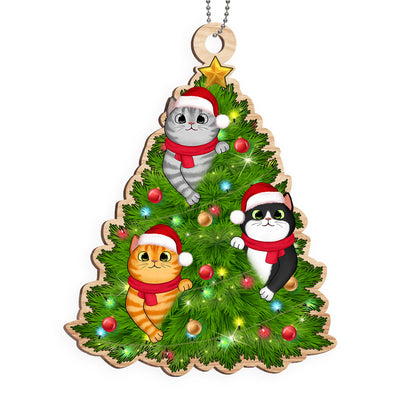 Fluffy Cats Playing On Christmas Tree Personalized Wooden Ornament