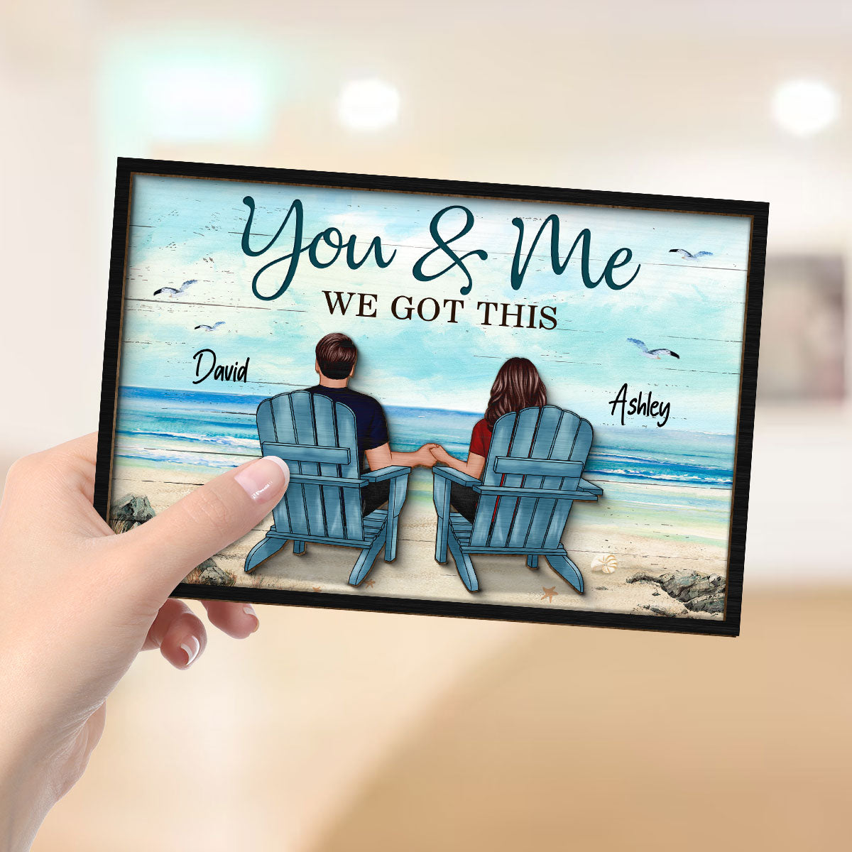 Back View Couple Sitting Beach Landscape Personalized 2-Layer Wooden Plaque