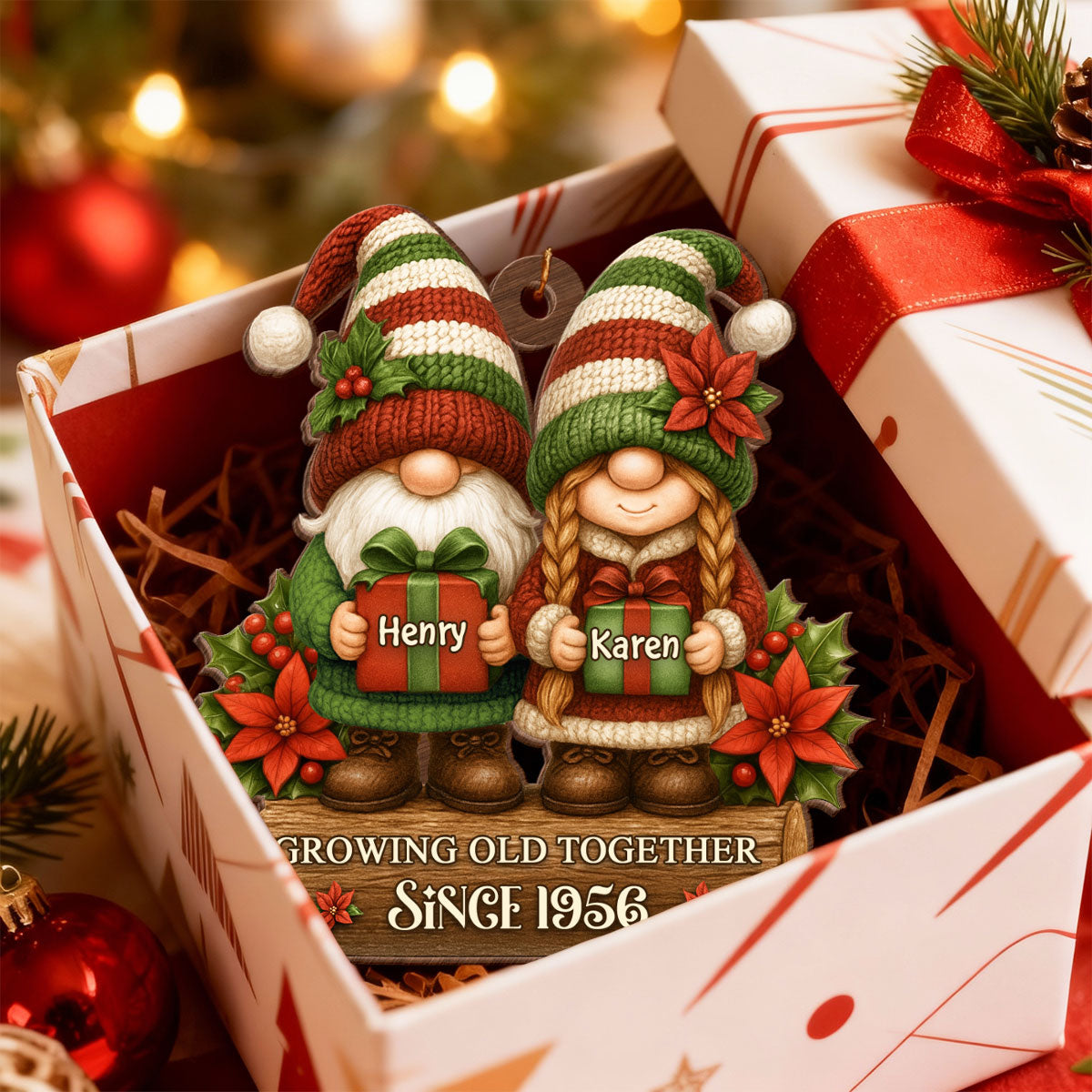 Gnome Couple Growing Old Together - Personalized Wooden Ornament - Christmas Gift for Husband, Wife