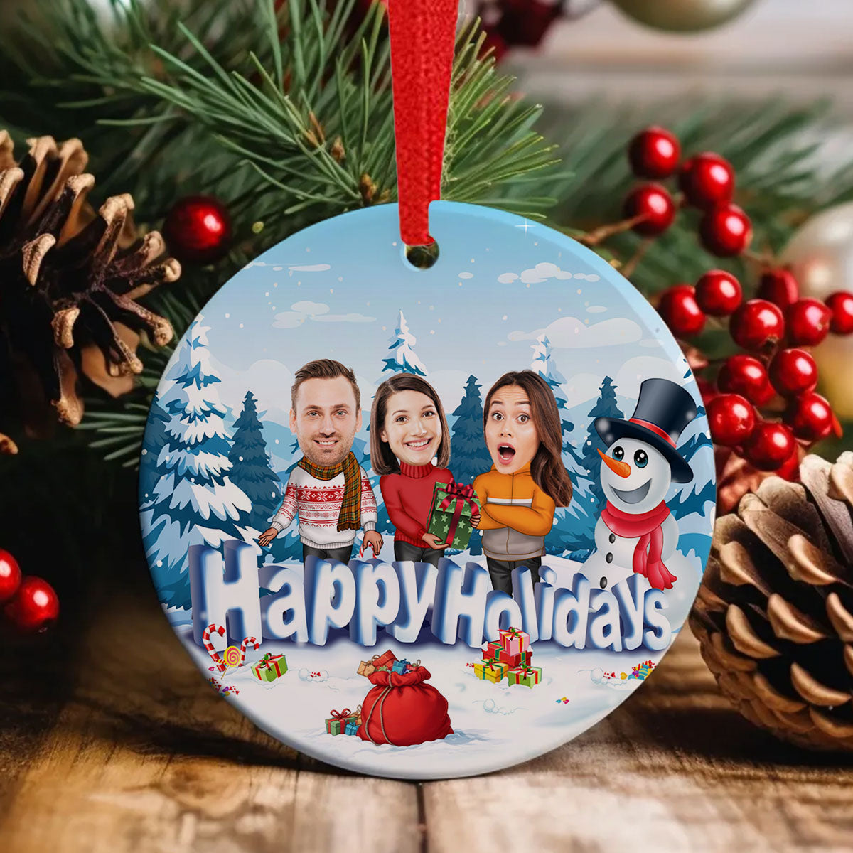 Happy Holiday Funny Family, Custom Photo Ornament, Personalized Family Photo Circle Ceramic Christmas Ornament, Family Keepsake