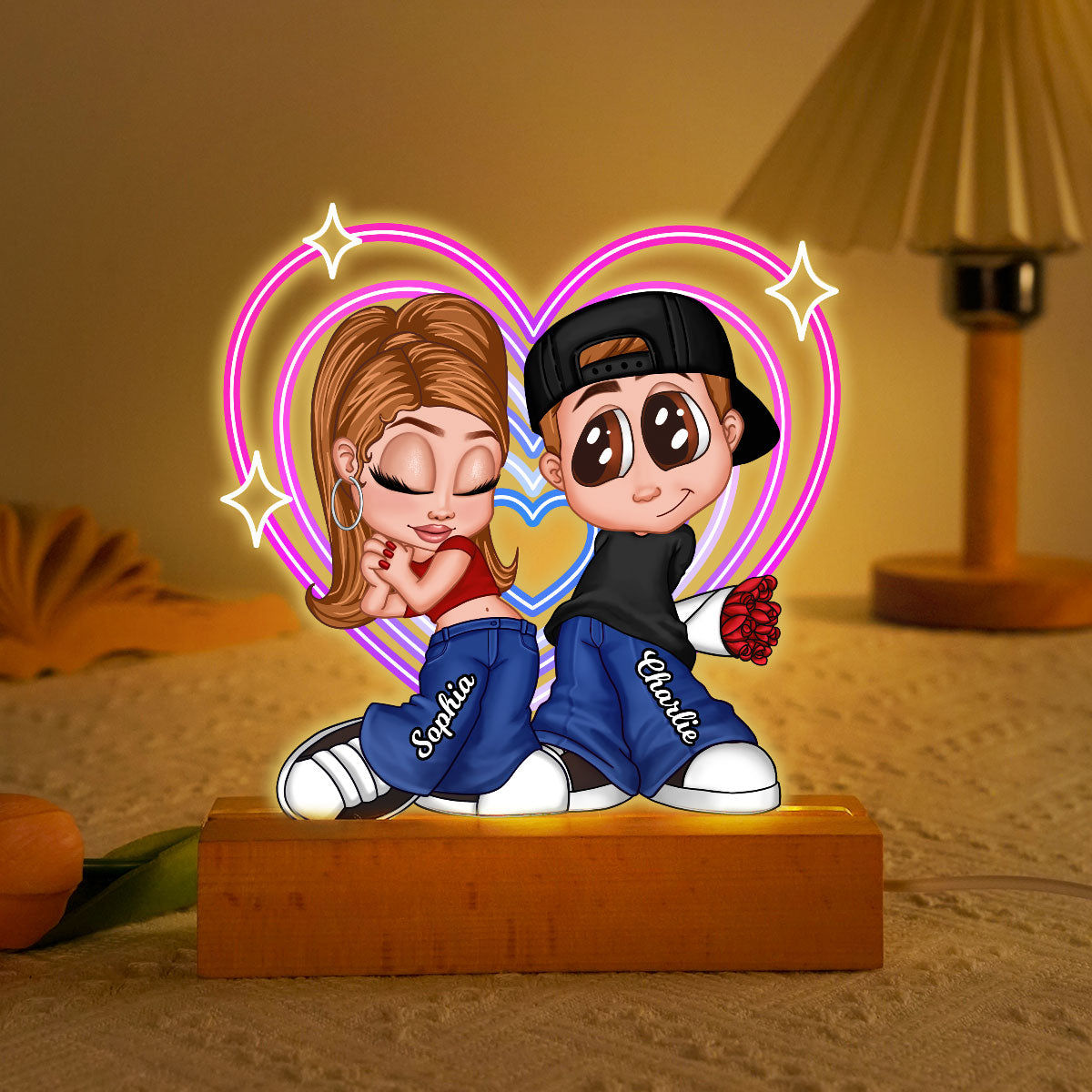 Y2K Couple Retro Heart Personalized Acrylic LED Night Light, Unique Valentine's Day Gift For Him, Gift For Her