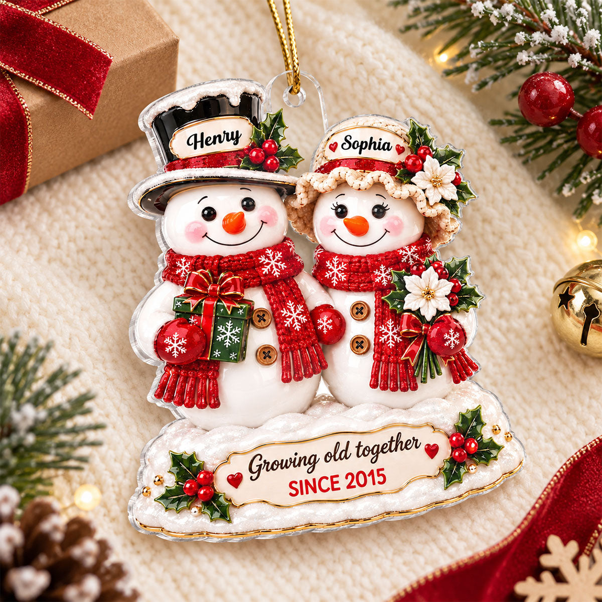 Snowman Couple Growing Old Together - Personalized Acrylic Ornament - Christmas Keepsake Gift for Her, Gift for Him