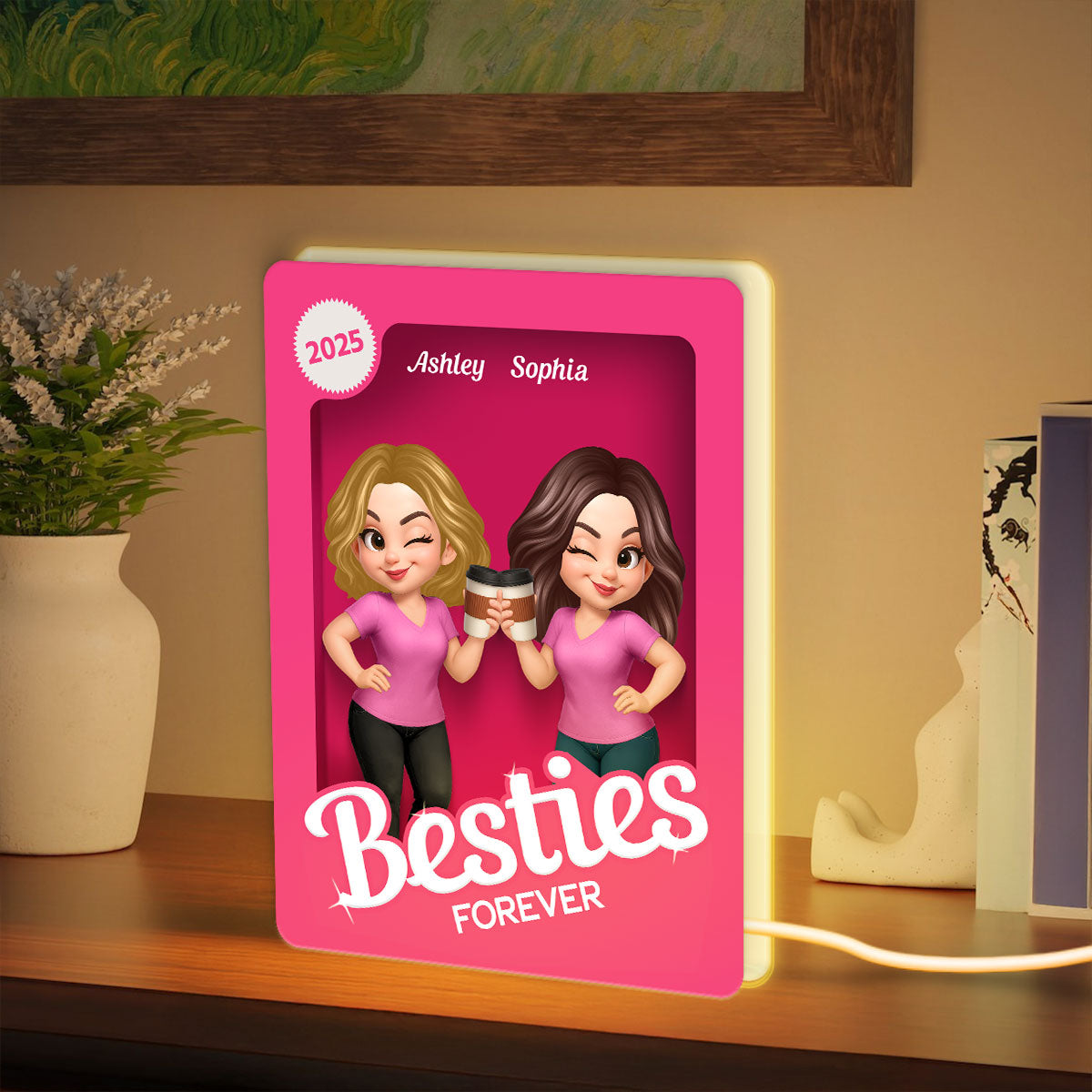 Besties Partners In Crime Pink Action Figure 3D Effect Personalized Light Box