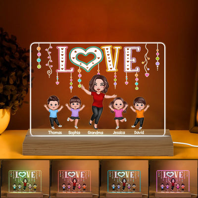 LOVE Happy Doll Grandma Mom With Kids Personalized Custom Shape Acrylic Plaque LED Night Light