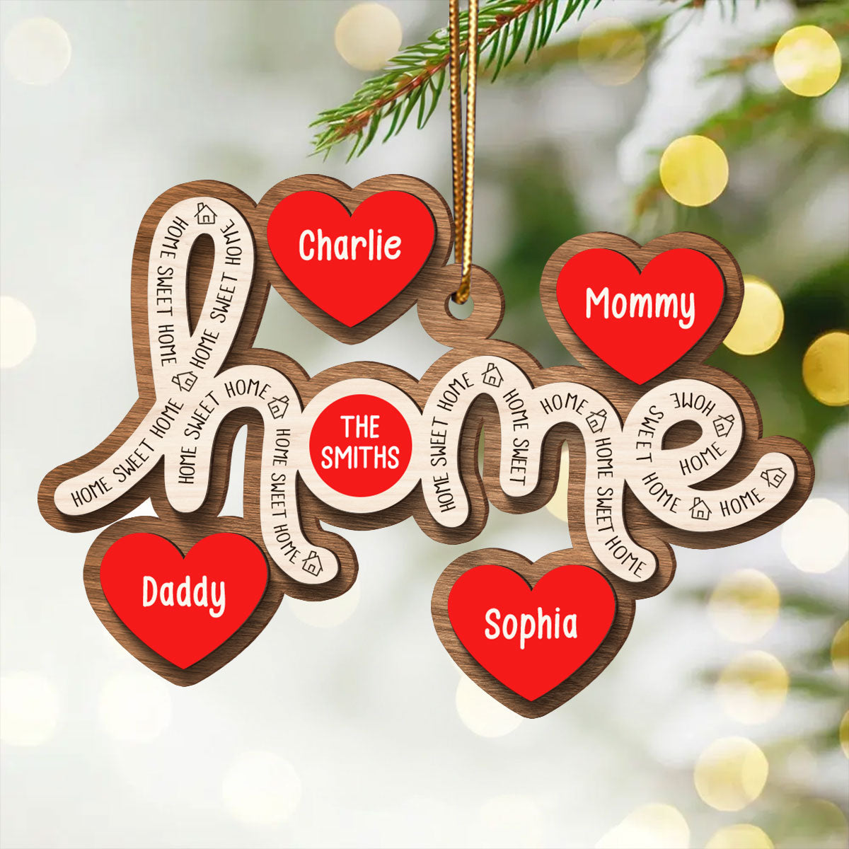 Home Sweet Home Hearts Personalized 2-Layer Wooden Orrnament, Christmas Gift for Family